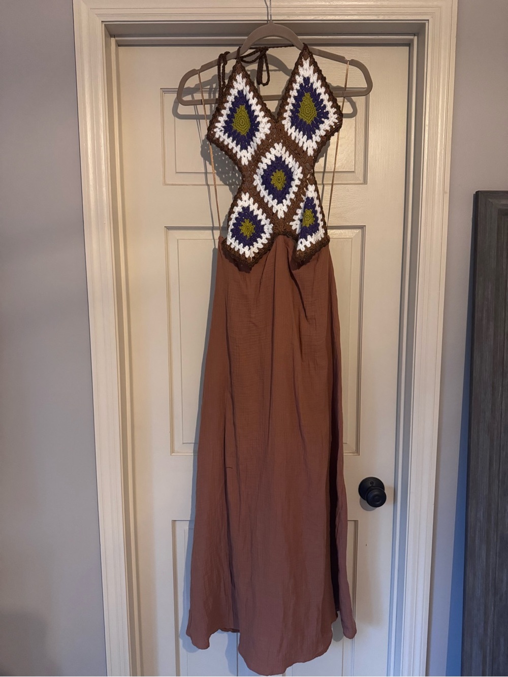 Vici Crochet Halter Maxi Dress in Brown with White, Navy & Olive Accents